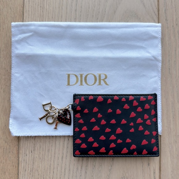 🆕 Dior Navy Blue & Red Hearts I Love Paris Calfskin Leather 3-Slot Card Holder